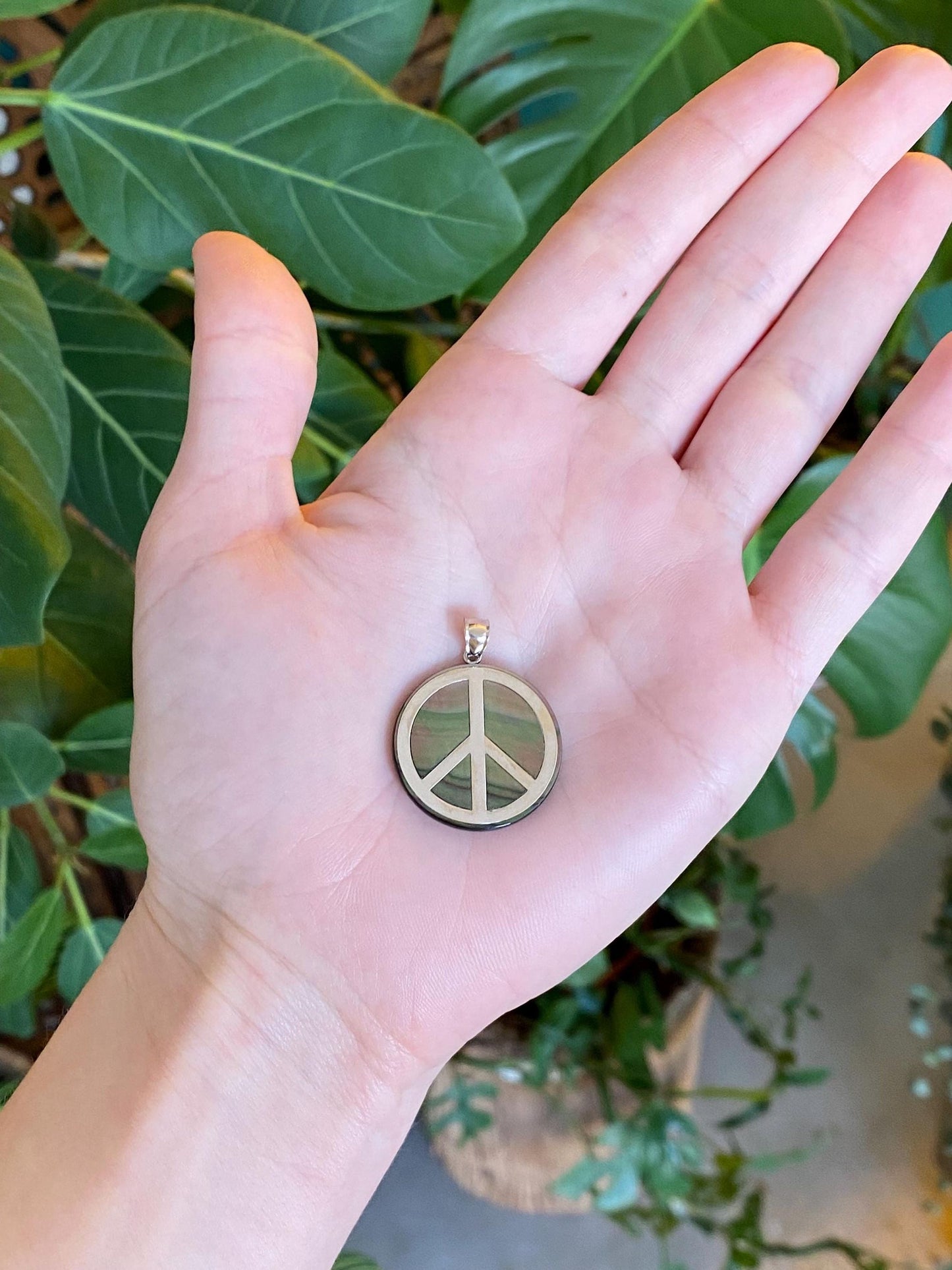 Vintage Solid 14k White Gold Abalone Peace Sign Charm