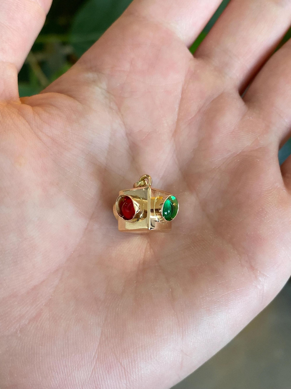 Vintage 18k Rosey Gold Red & Green Cubic Zirconia Cabochons Stoplight Charm