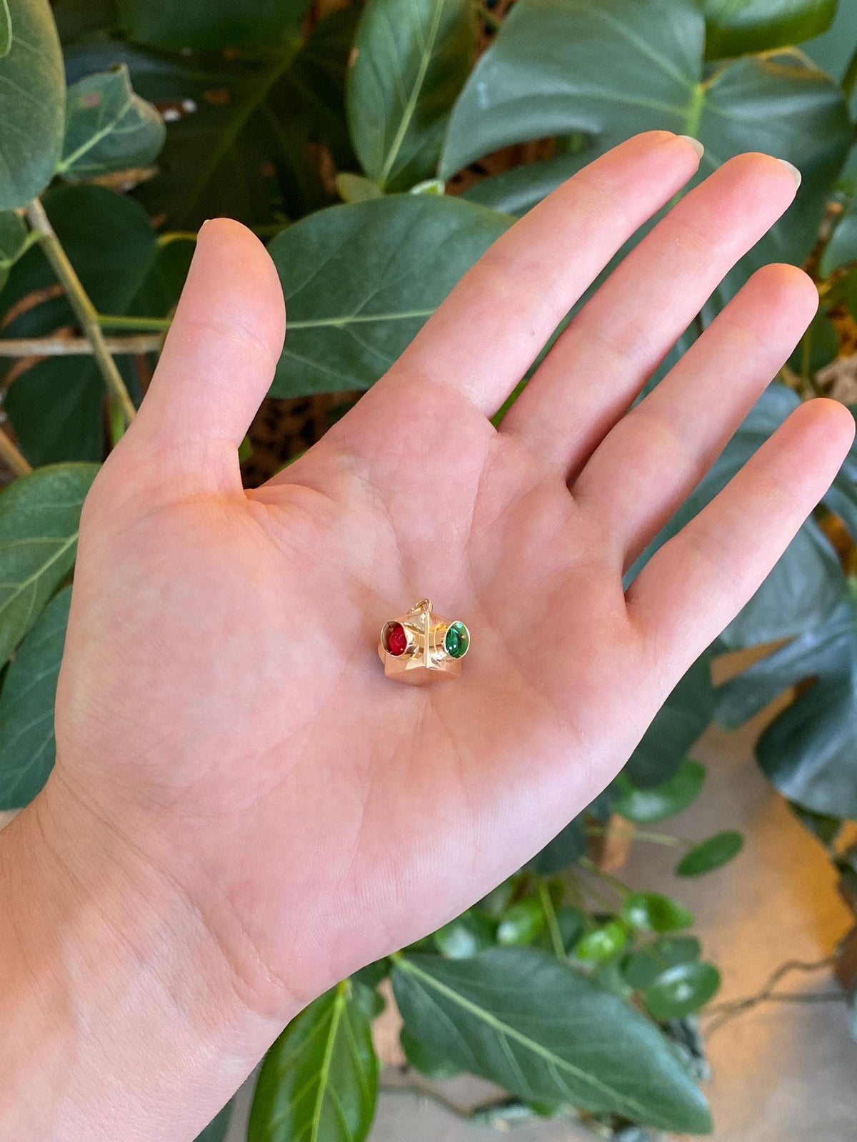 Vintage 18k Rosey Gold Red & Green Cubic Zirconia Cabochons Stoplight Charm