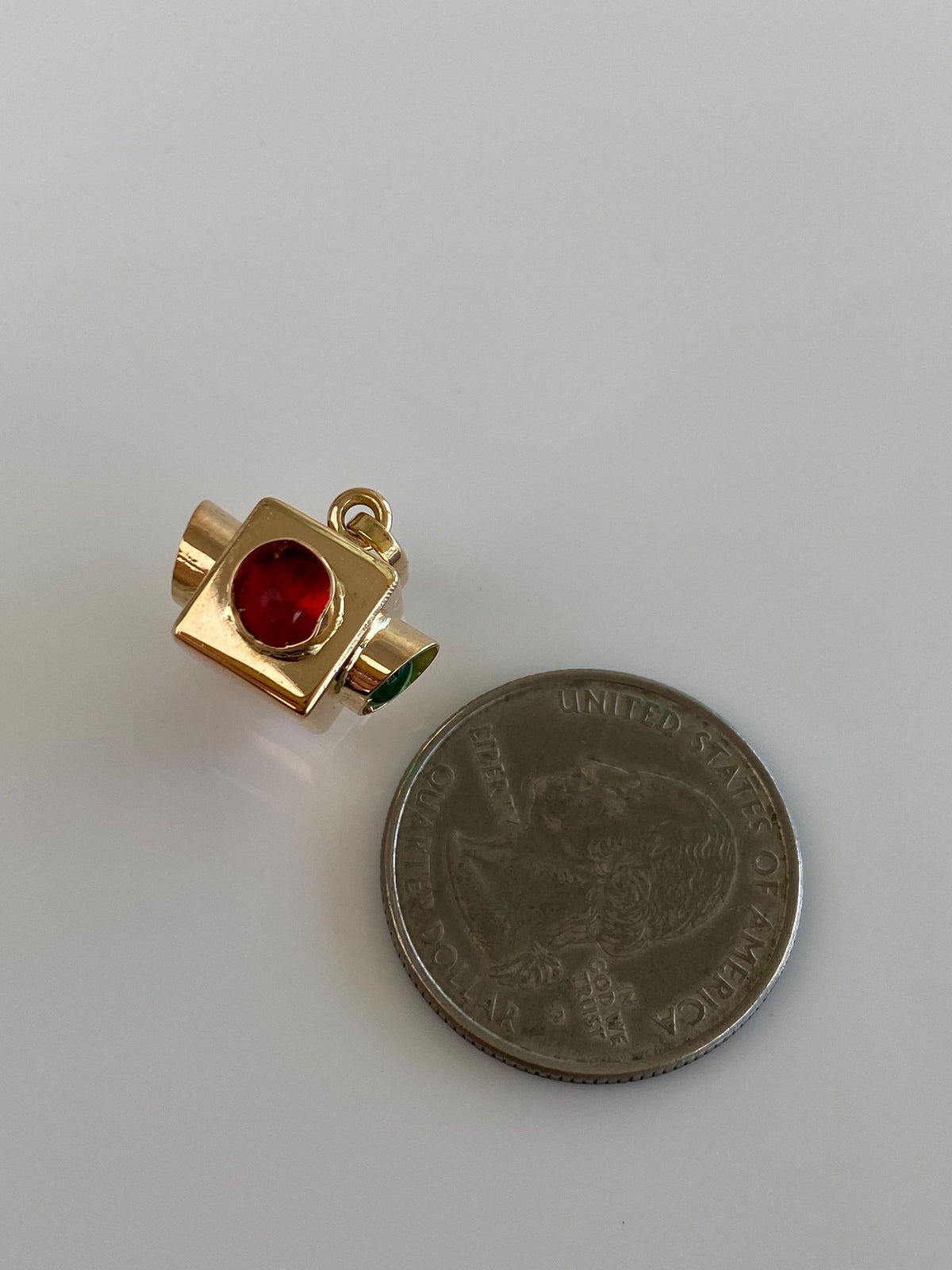 Vintage 18k Rosey Gold Red & Green Cubic Zirconia Cabochons Stoplight Charm