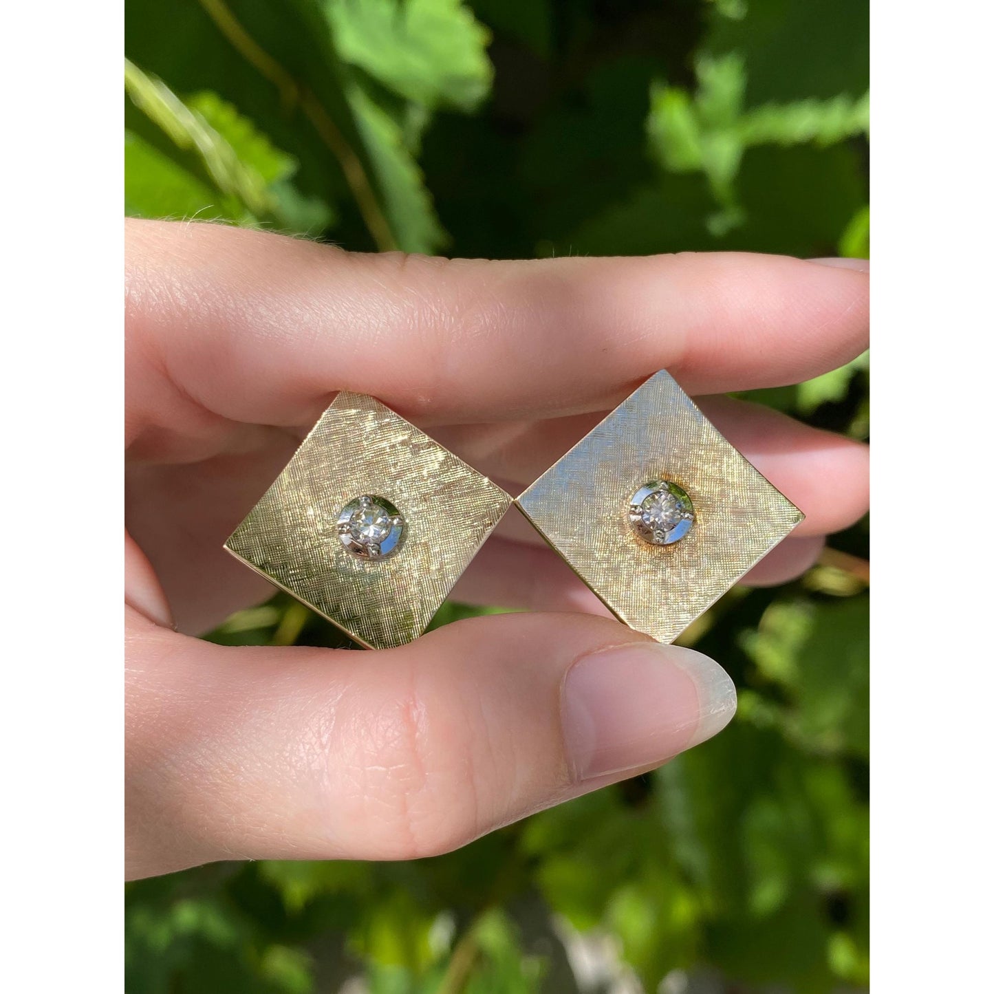 Vintage 14k Yellow Gold Diamond Textured Square Stud Earrings