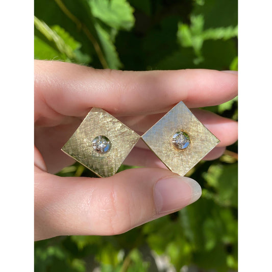 Vintage 14k Yellow Gold Diamond Textured Square Stud Earrings