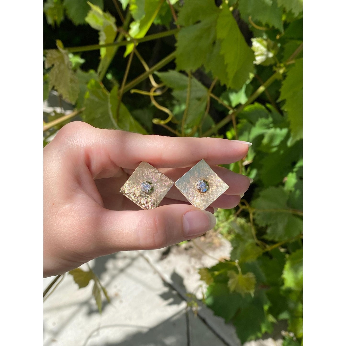 Vintage 14k Yellow Gold Diamond Textured Square Stud Earrings