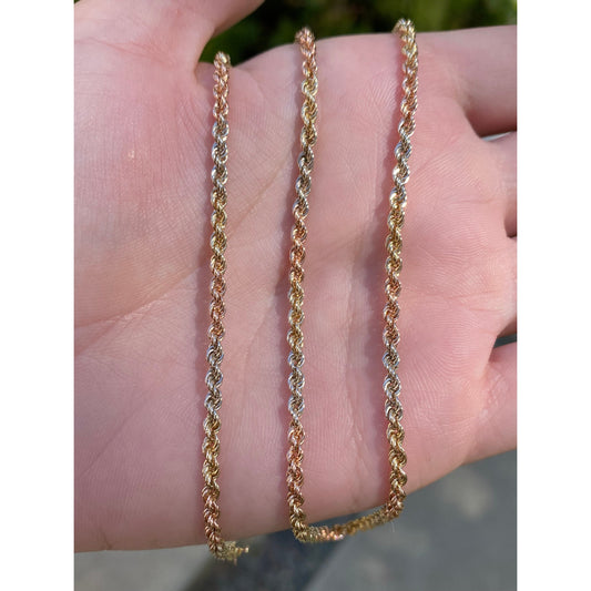 Vintage Solid 14k Tri Tone Gold Rope Chain Necklace - 18.25 inches