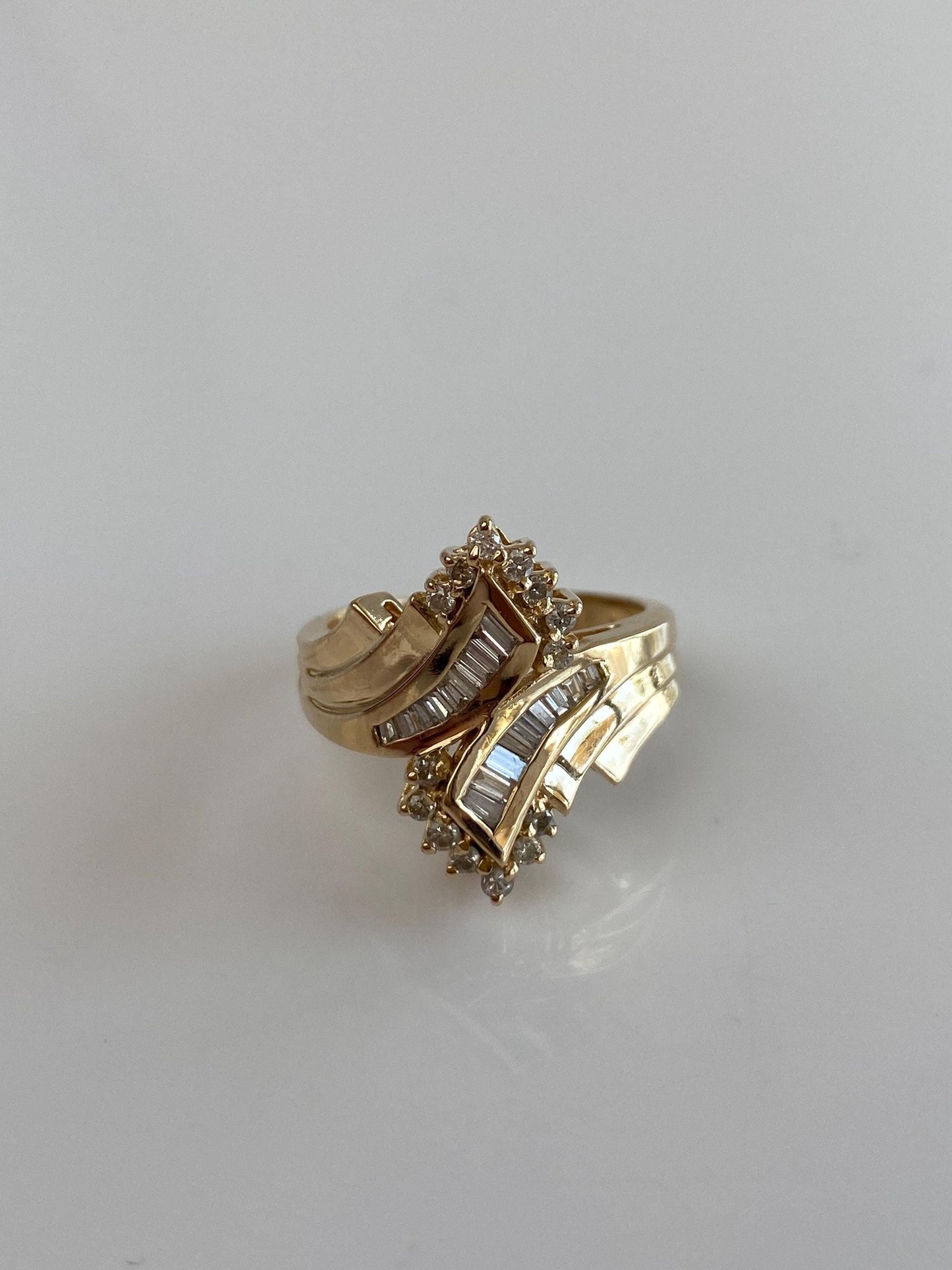 Vintage Solid 14k Yellow Gold Baguette & Round Diamond Cluster Ring - Size 6.5