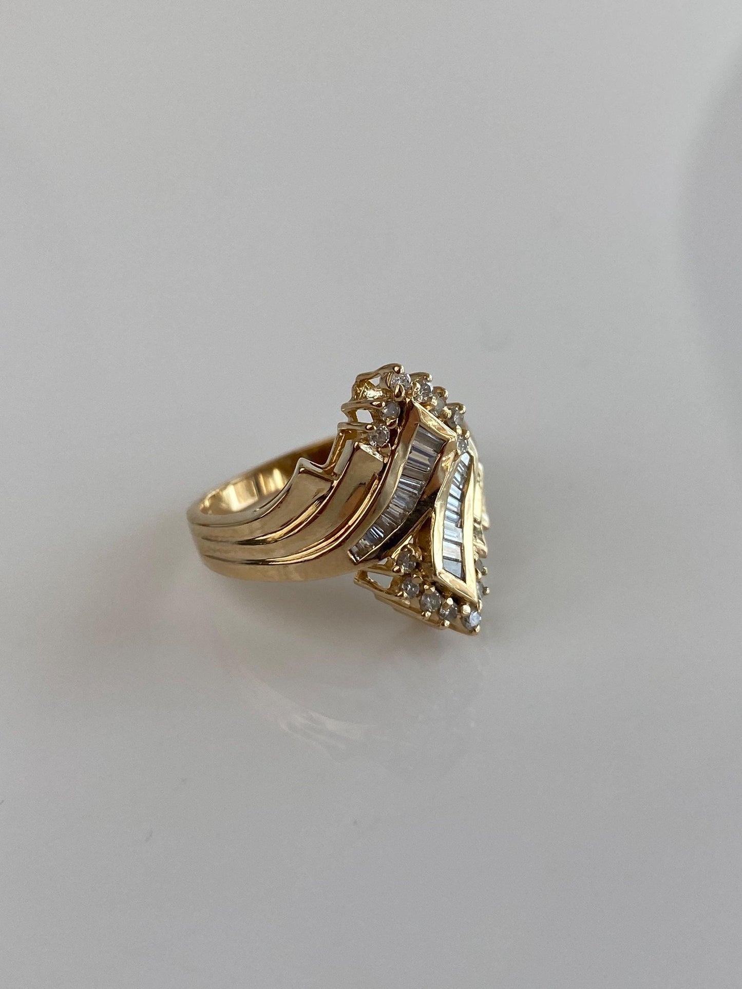 Vintage Solid 14k Yellow Gold Baguette & Round Diamond Cluster Ring - Size 6.5