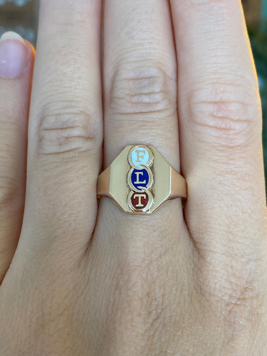 Vintage Solid 10k Yellow Gold Enamel 'FLT' Signet Ring - Size 9.25