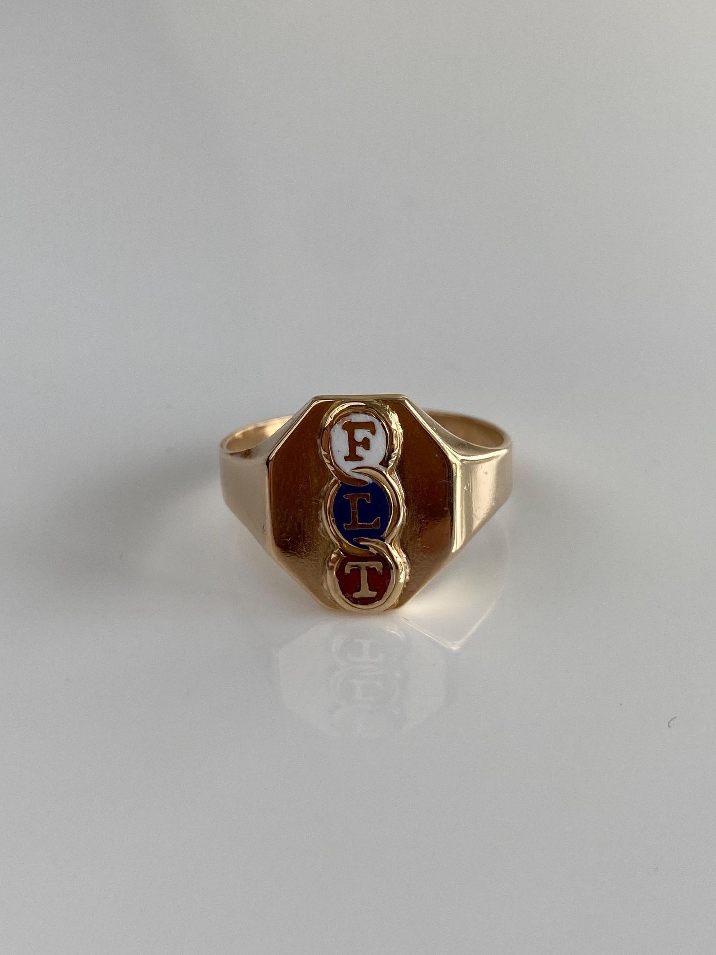 Vintage Solid 10k Yellow Gold Enamel 'FLT' Signet Ring - Size 9.25