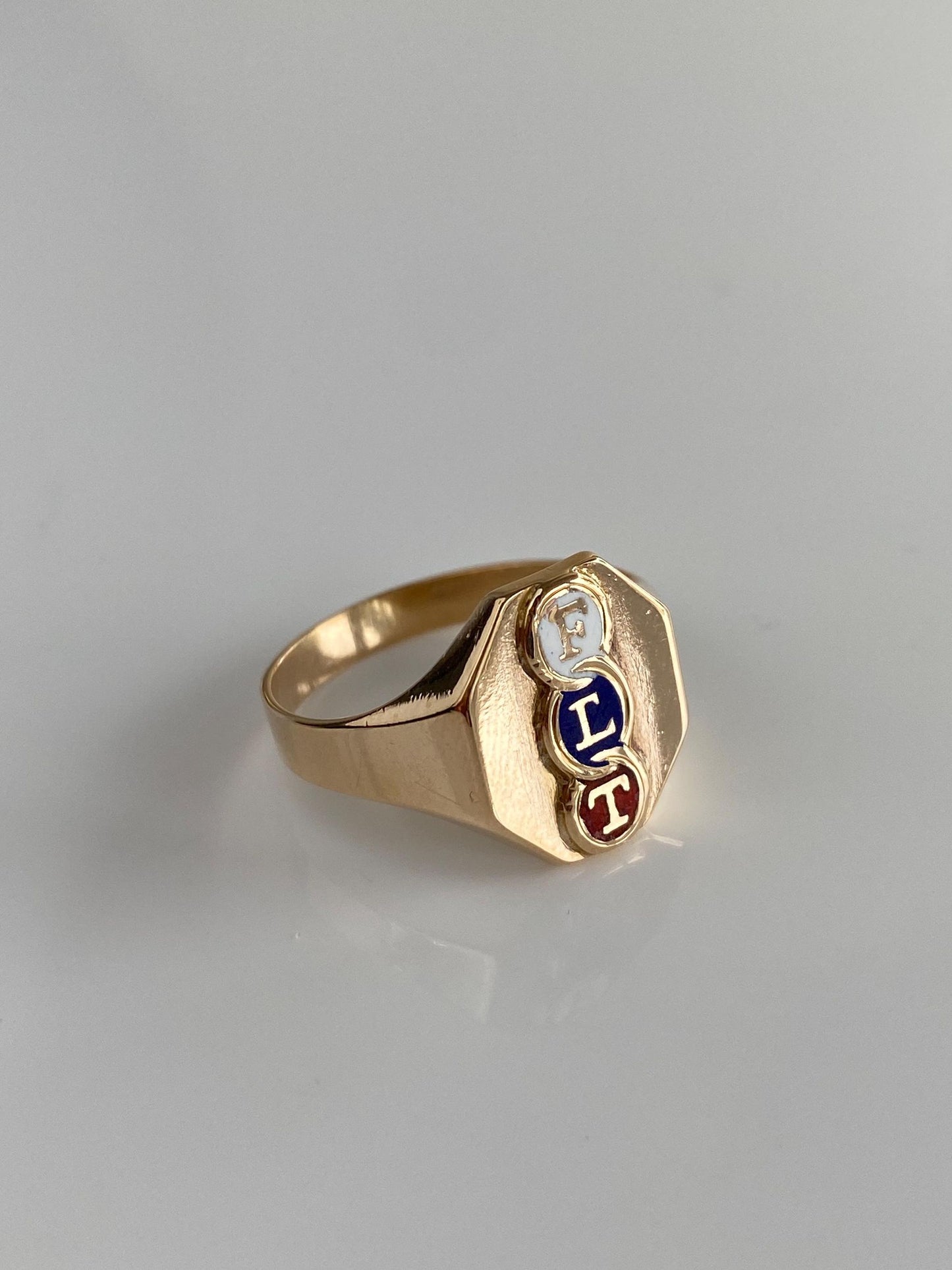 Vintage Solid 10k Yellow Gold Enamel 'FLT' Signet Ring - Size 9.25