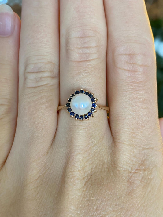 Vintage Solid 14k Yellow Gold Blue Sapphire Halo Pearl Ring - Size 8.25