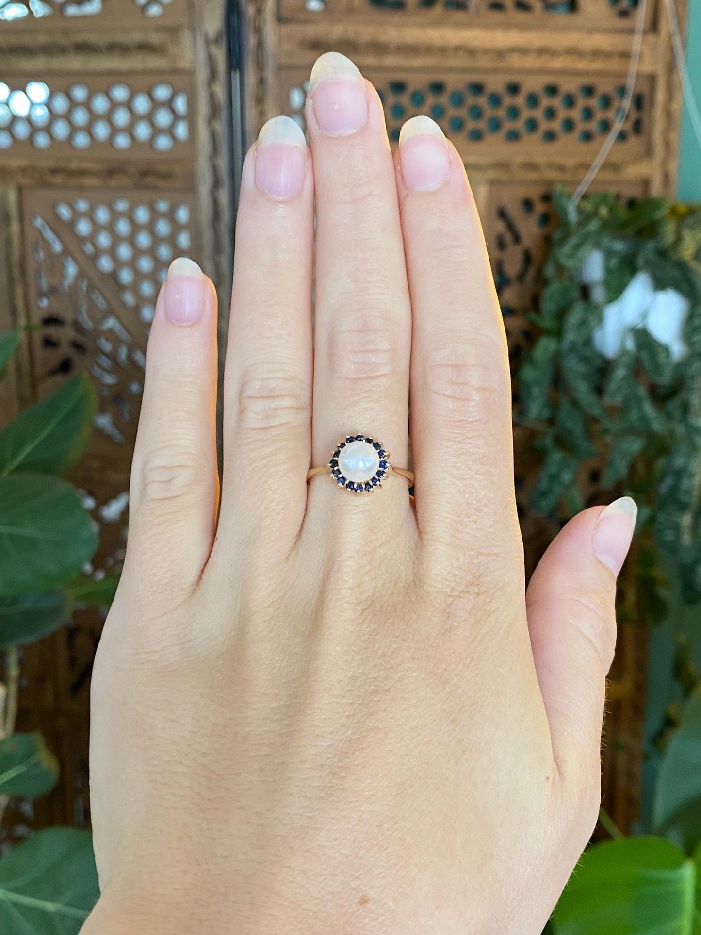 Vintage Solid 14k Yellow Gold Blue Sapphire Halo Pearl Ring - Size 8.25