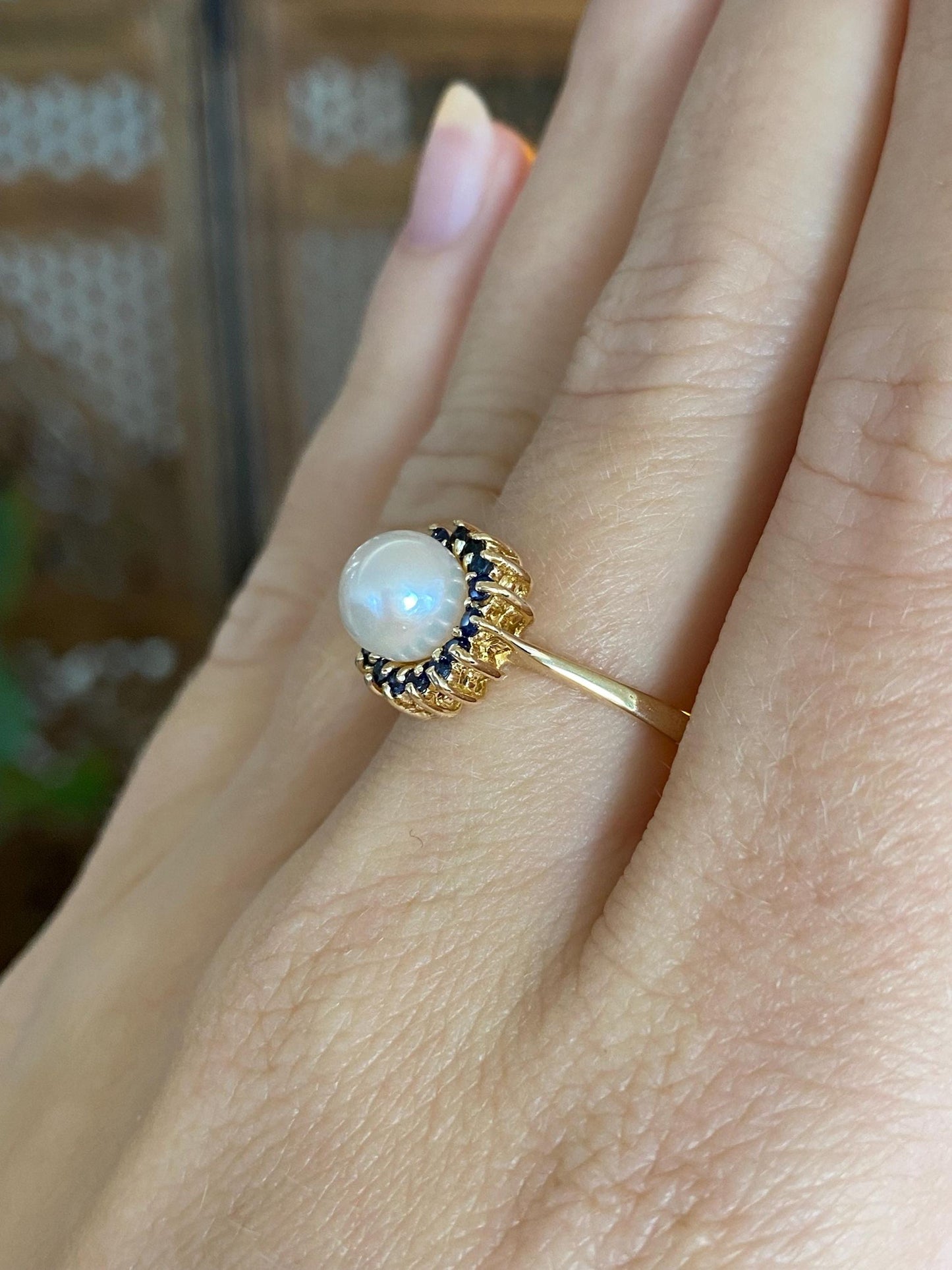 Vintage Solid 14k Yellow Gold Blue Sapphire Halo Pearl Ring - Size 8.25