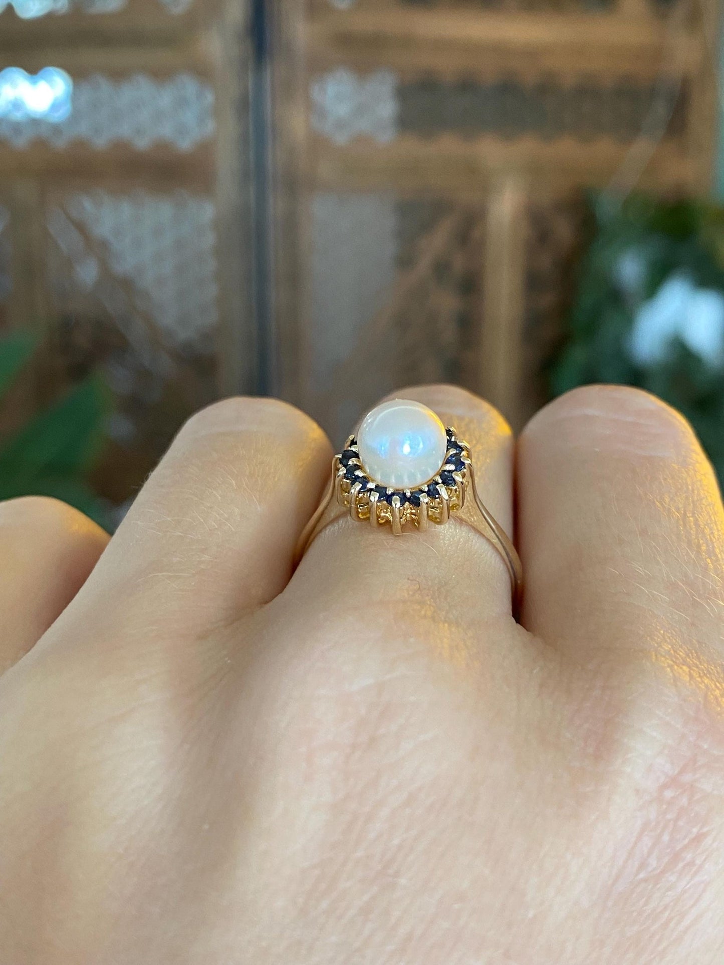 Vintage Solid 14k Yellow Gold Blue Sapphire Halo Pearl Ring - Size 8.25