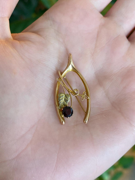 Vintage 10k Mixed Tone Gold Garnet Grape Leaf Wishbone Pin