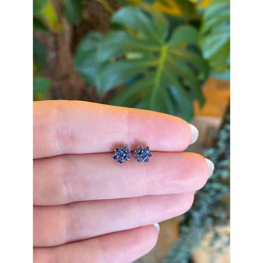 Vintage Solid 14k White Gold Blue Spinel Cluster Stud Earrings