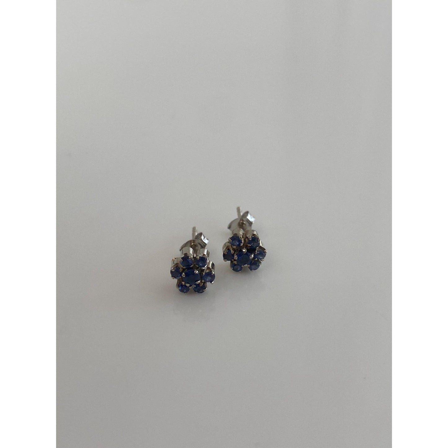 Vintage Solid 14k White Gold Blue Spinel Cluster Stud Earrings