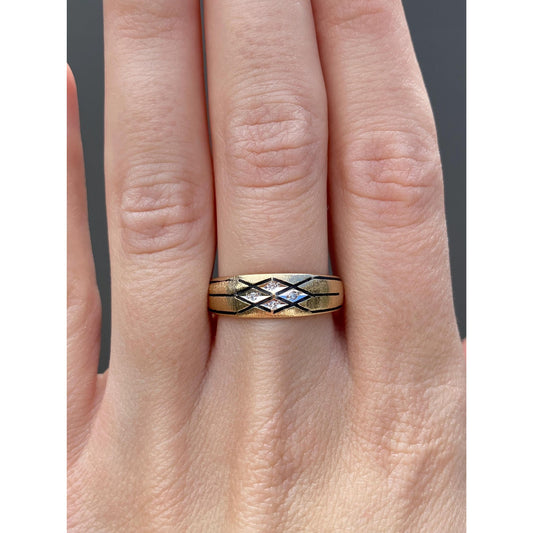 Vintage Solid 14k Yellow Gold Diamond Black Enamel Ring Band - Size 8