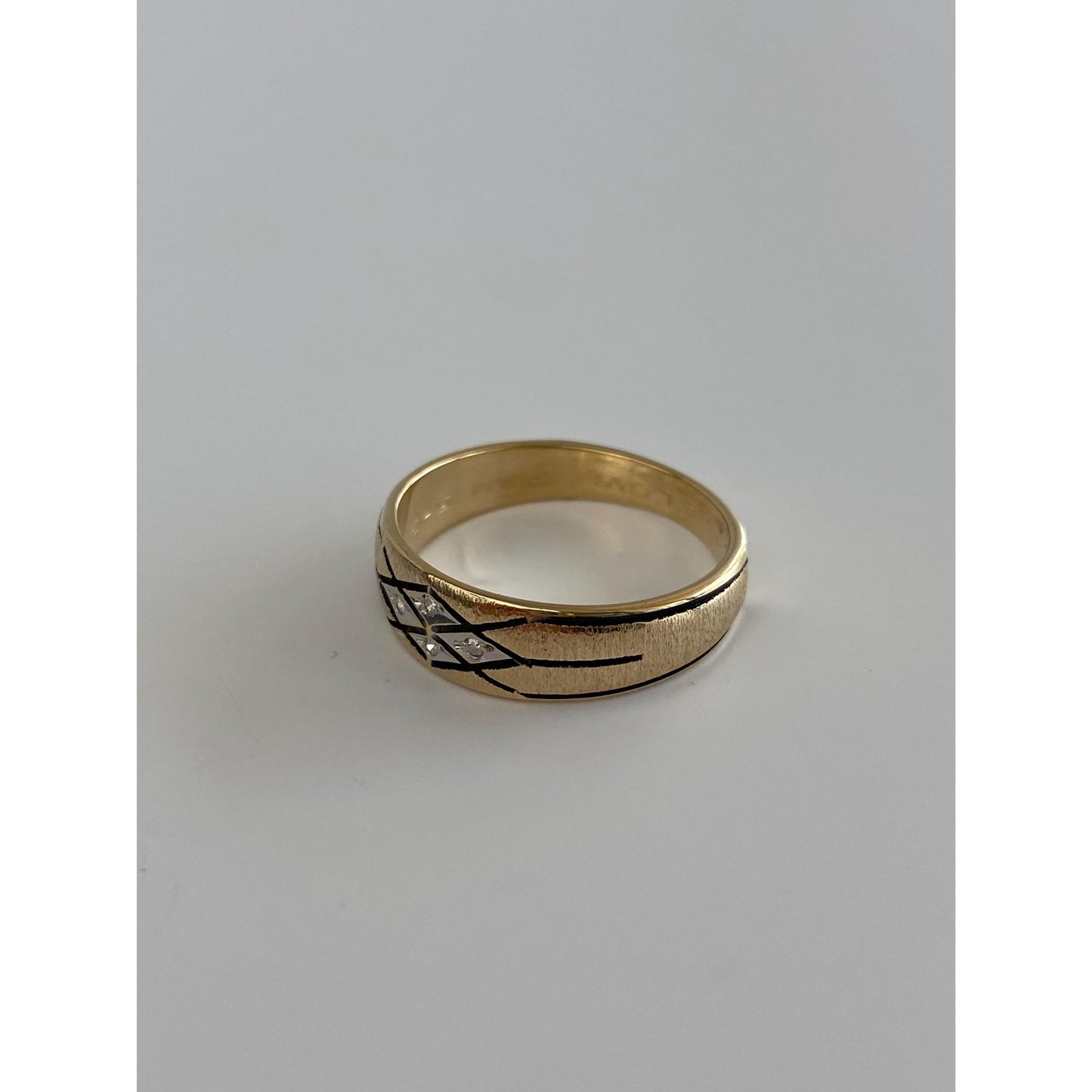 Vintage Solid 14k Yellow Gold Diamond Black Enamel Ring Band - Size 8