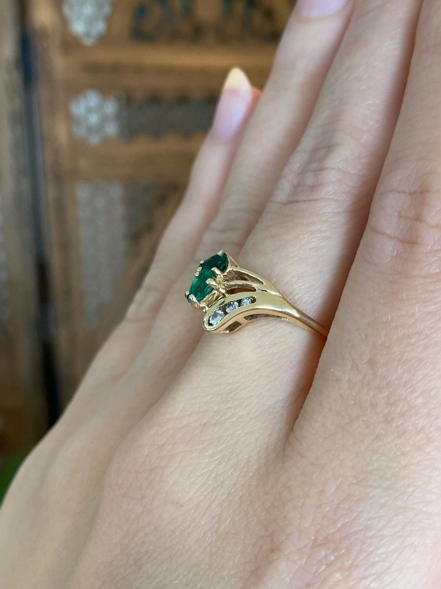 Vintage Solid 14k Yellow Gold Diamond Emerald Ring - Size 6