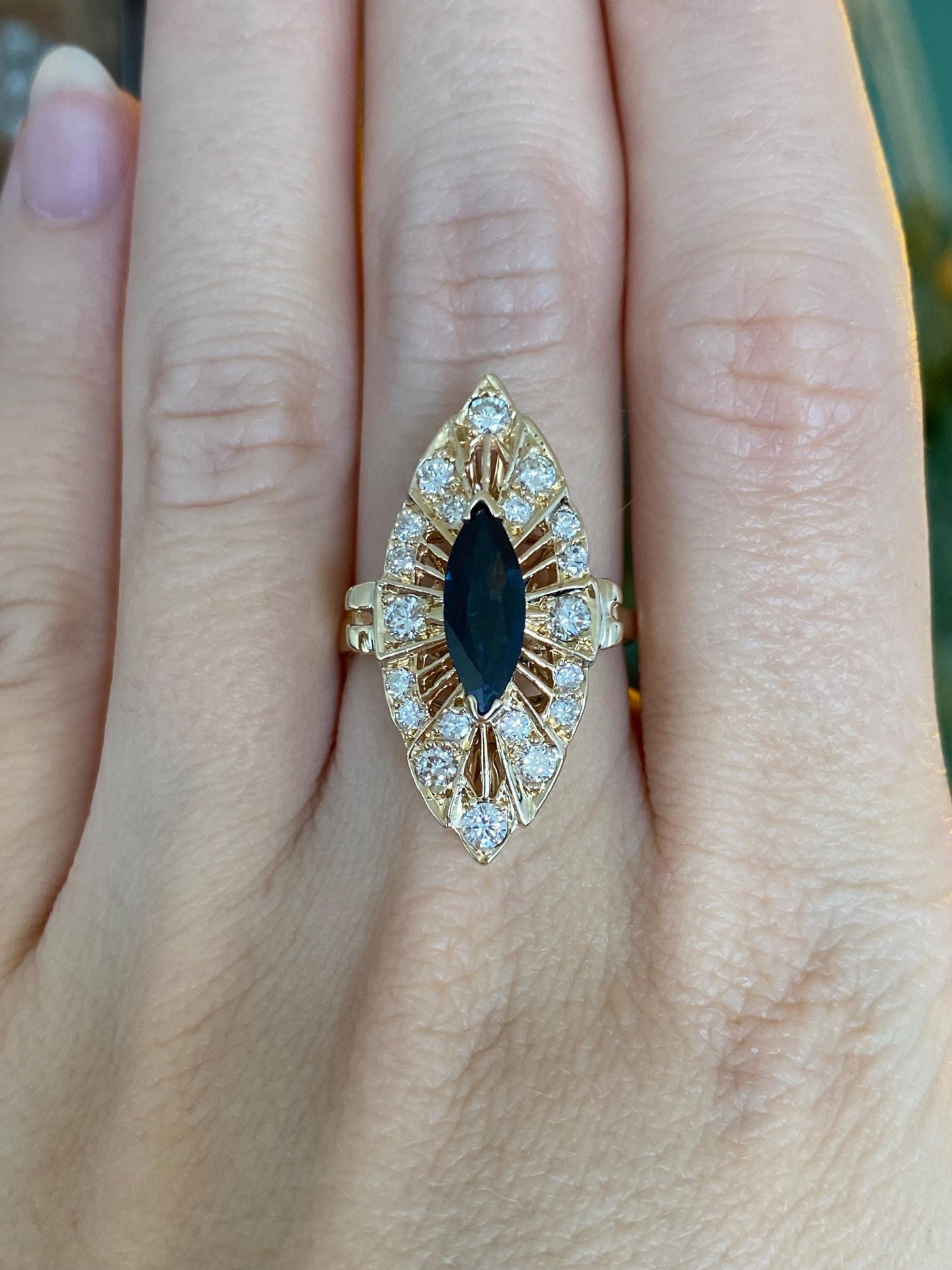 Solid 14k Yellow Gold Diamond Halo Dark Blue Sapphire Ring - Size 7