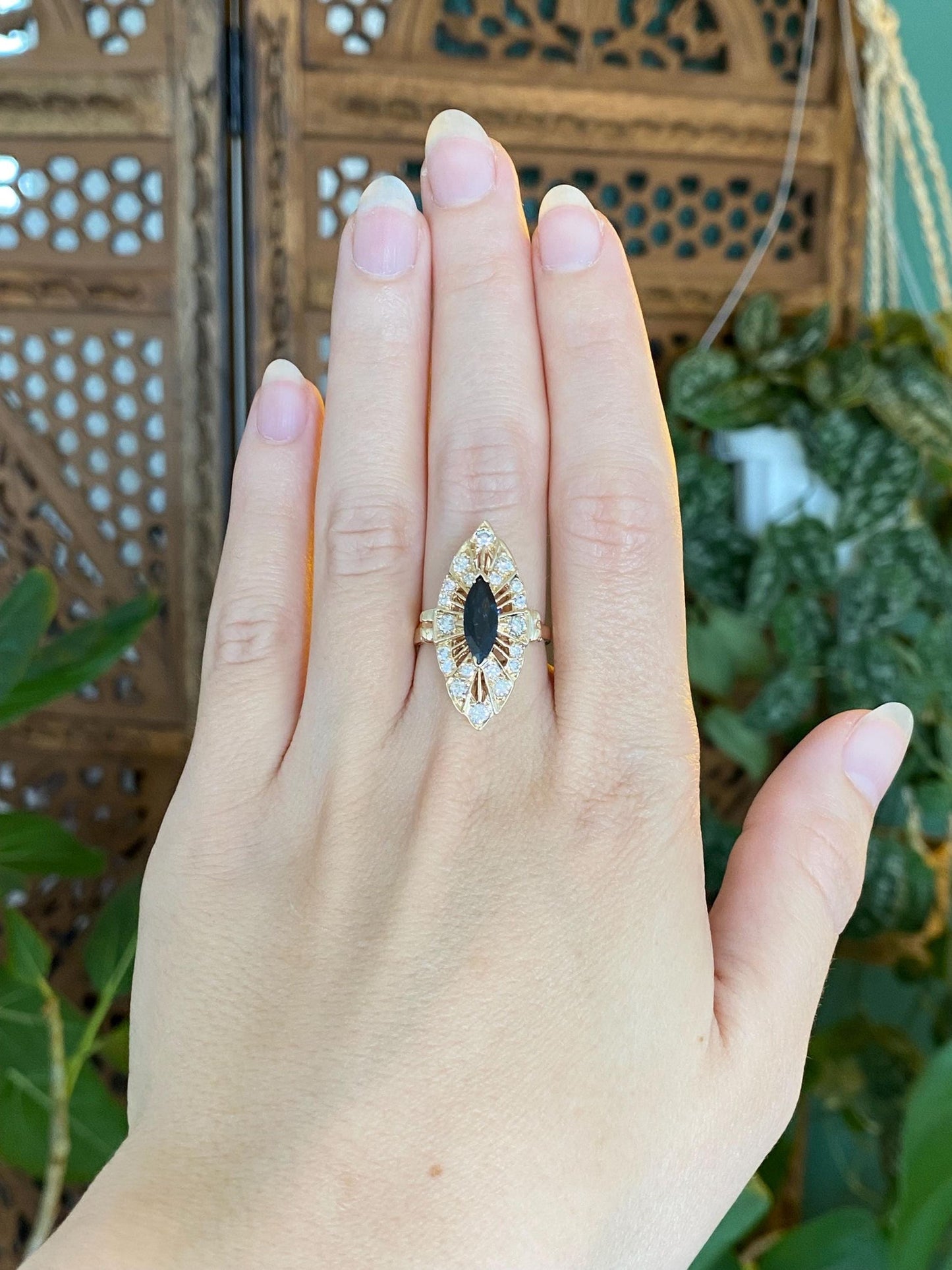 Solid 14k Yellow Gold Diamond Halo Dark Blue Sapphire Ring - Size 7