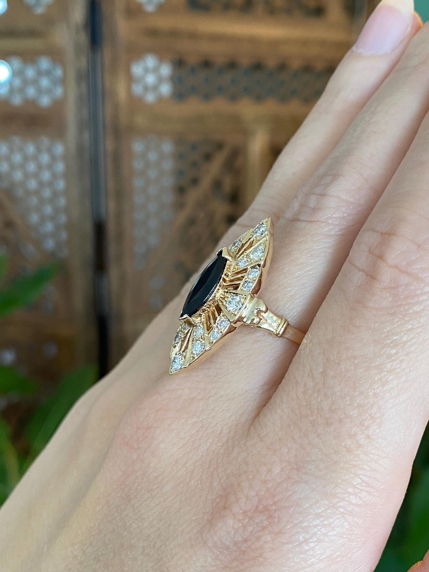 Solid 14k Yellow Gold Diamond Halo Dark Blue Sapphire Ring - Size 7