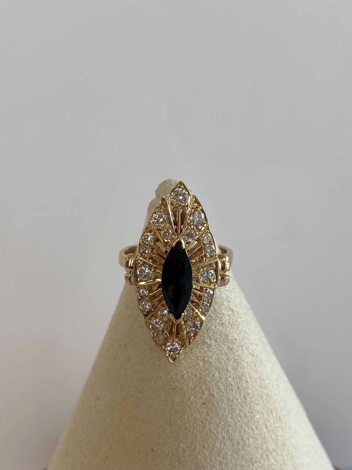 Solid 14k Yellow Gold Diamond Halo Dark Blue Sapphire Ring - Size 7