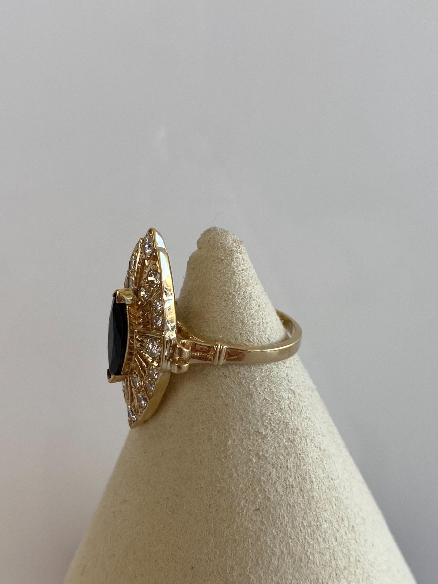 Solid 14k Yellow Gold Diamond Halo Dark Blue Sapphire Ring - Size 7
