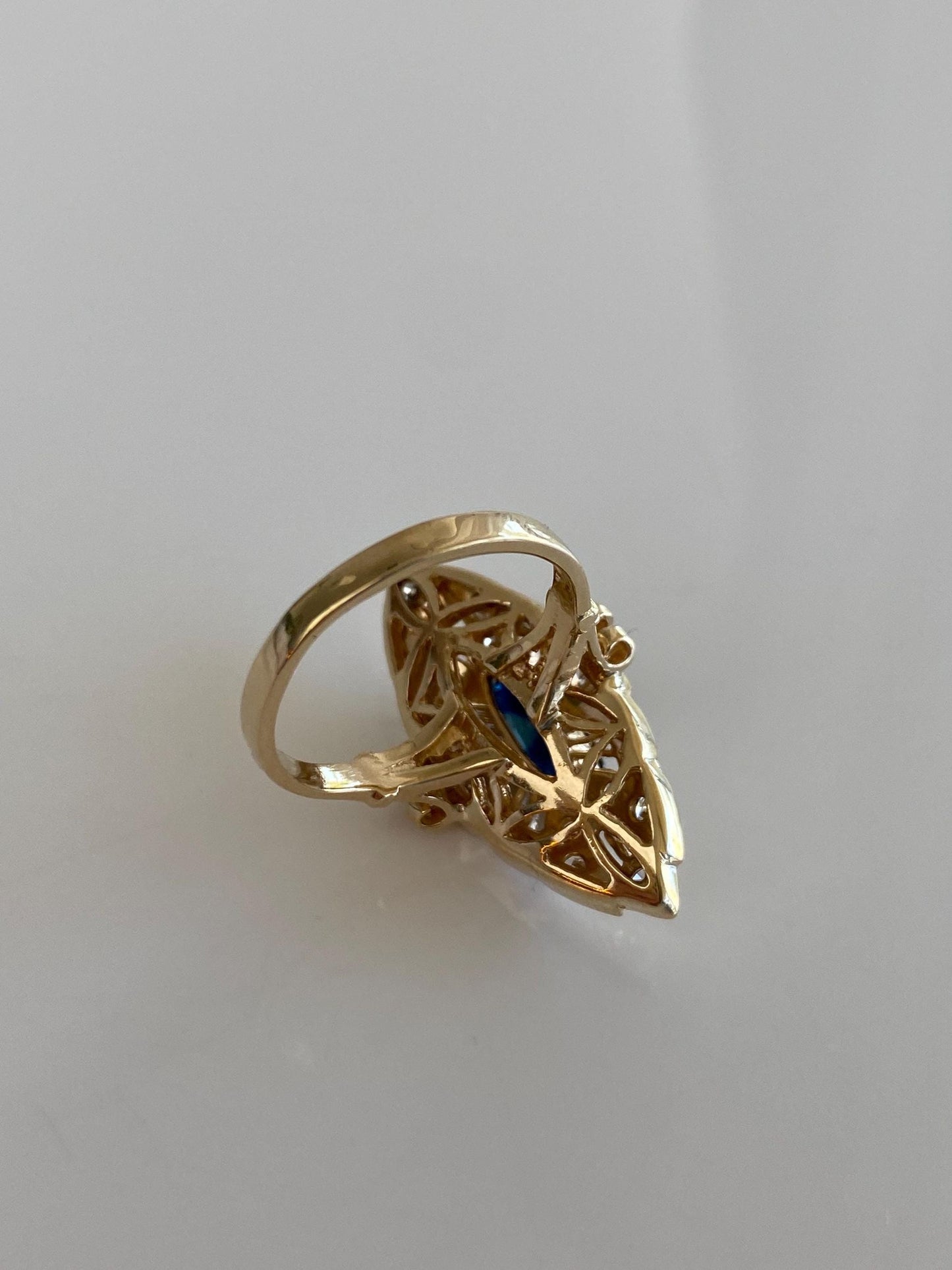 Solid 14k Yellow Gold Diamond Halo Dark Blue Sapphire Ring - Size 7