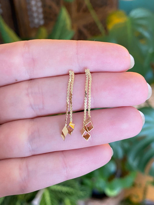 Vintage Solid 14k Yellow Gold Open Cube Serpentine Chain Dangle Stud Earrings