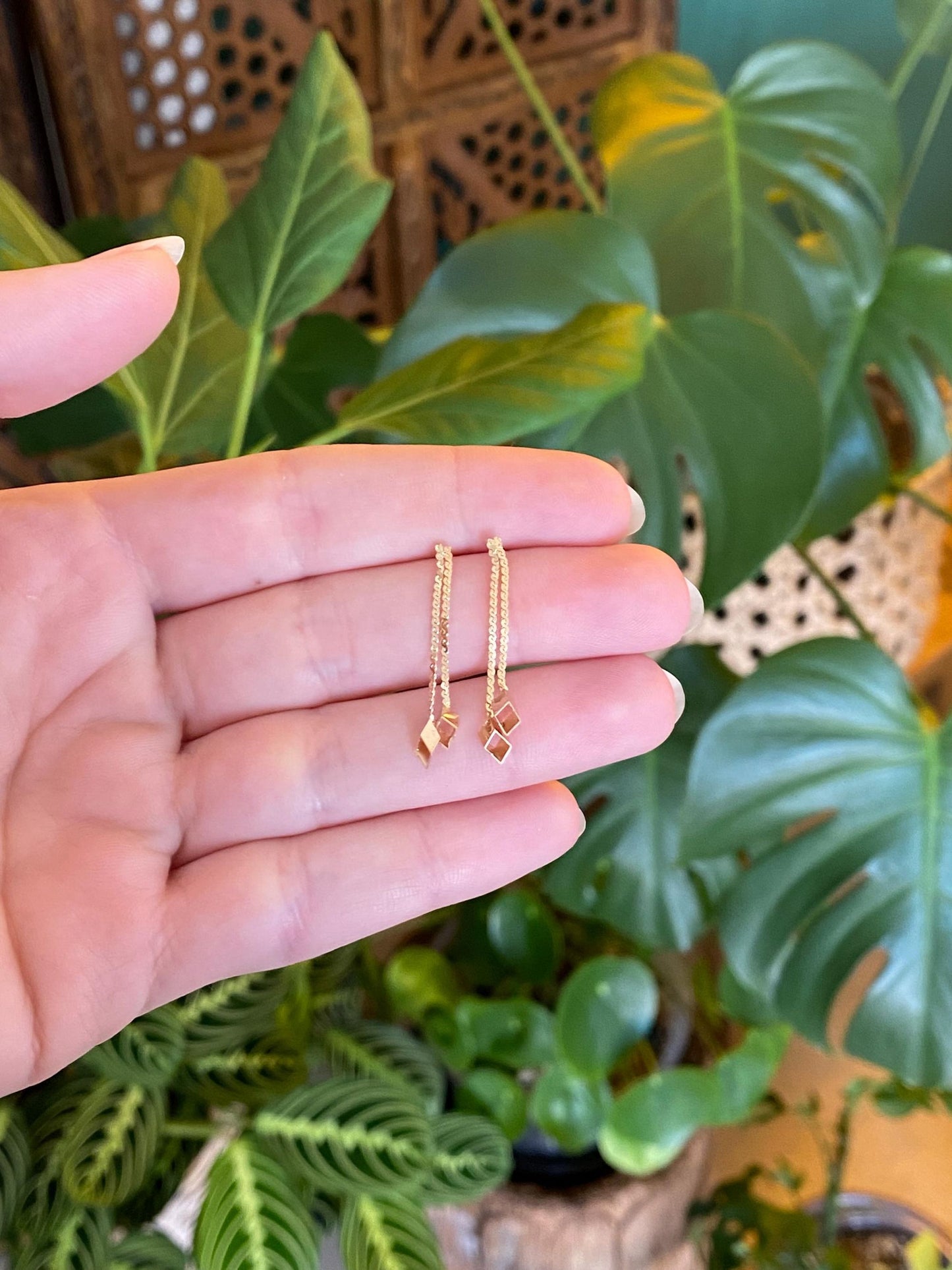 Vintage Solid 14k Yellow Gold Open Cube Serpentine Chain Dangle Stud Earrings
