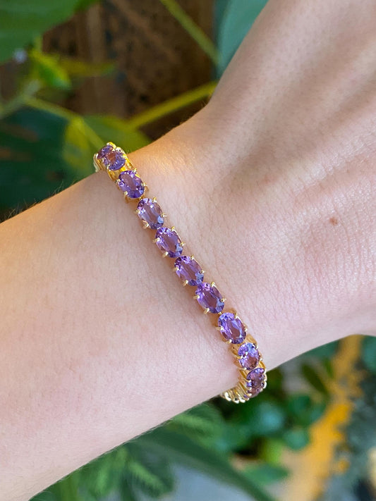Vintage Solid 14k Yellow Gold Amethyst Link Bracelet - 6.25 inches
