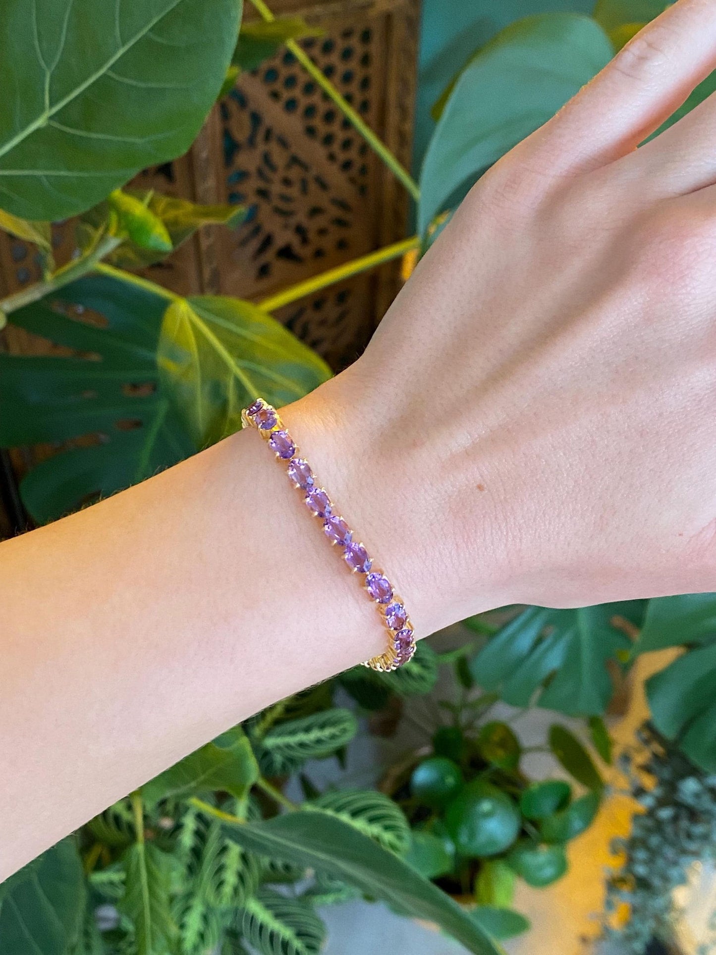 Vintage Solid 14k Yellow Gold Amethyst Link Bracelet - 6.25 inches