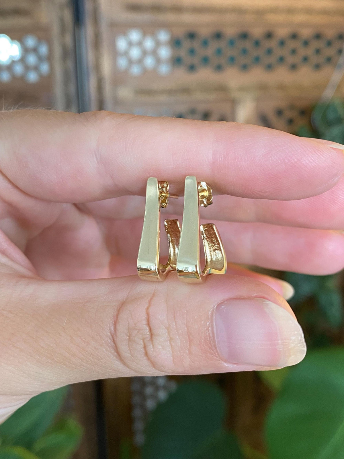 Vintage Solid 14k Yellow Gold Drop Hoop Earrings