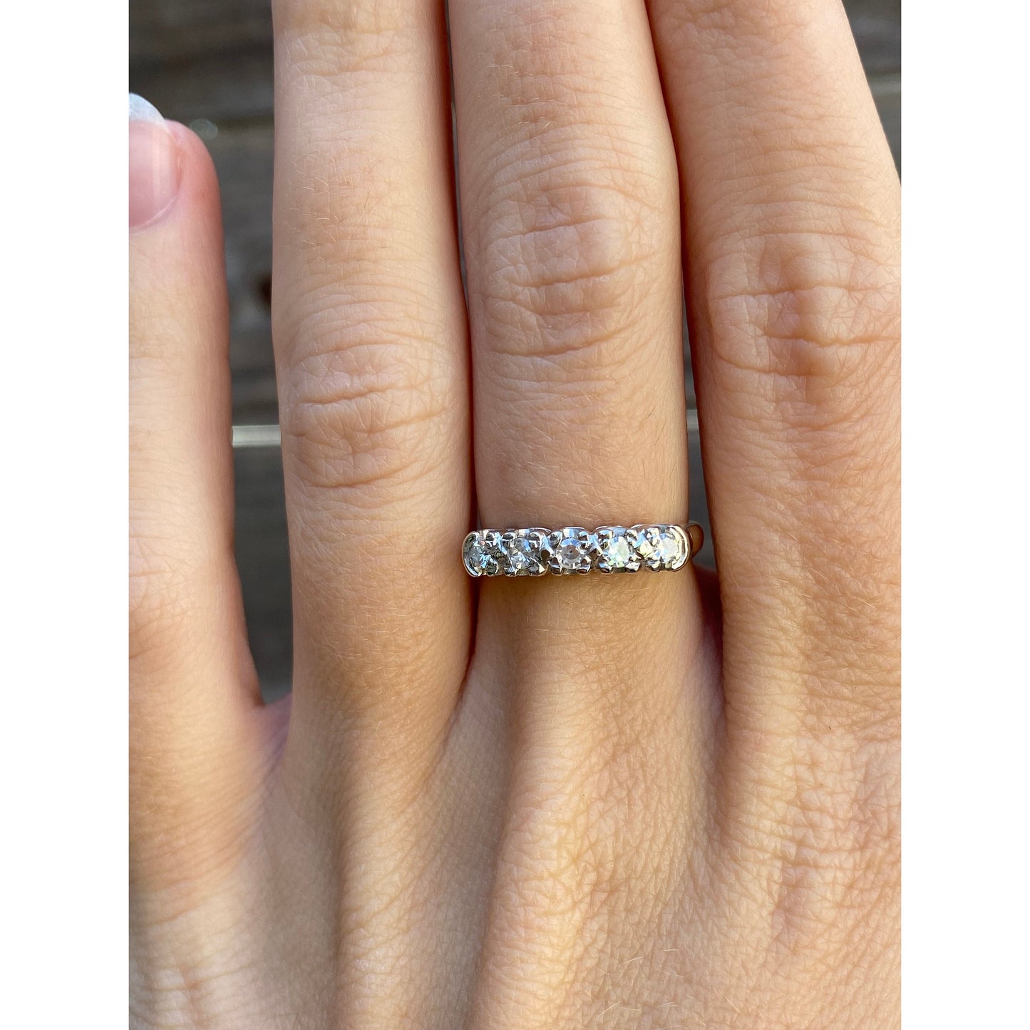 Vintage Solid 14k White & Yellow Gold Diamond Row Ring - Size 5.5