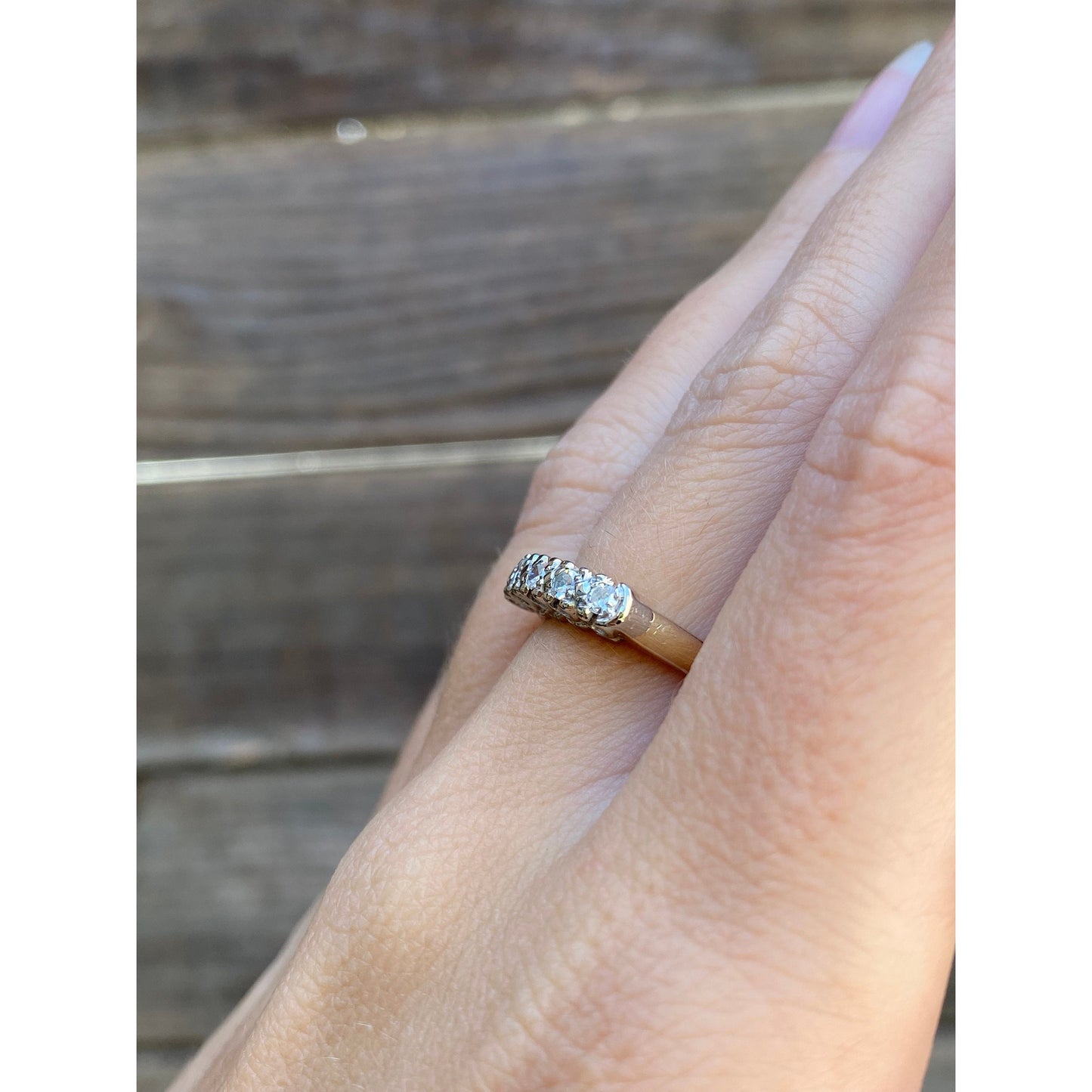 Vintage Solid 14k White & Yellow Gold Diamond Row Ring - Size 5.5