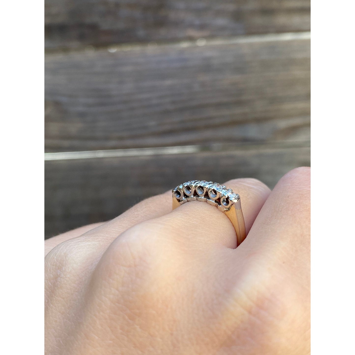 Vintage Solid 14k White & Yellow Gold Diamond Row Ring - Size 5.5