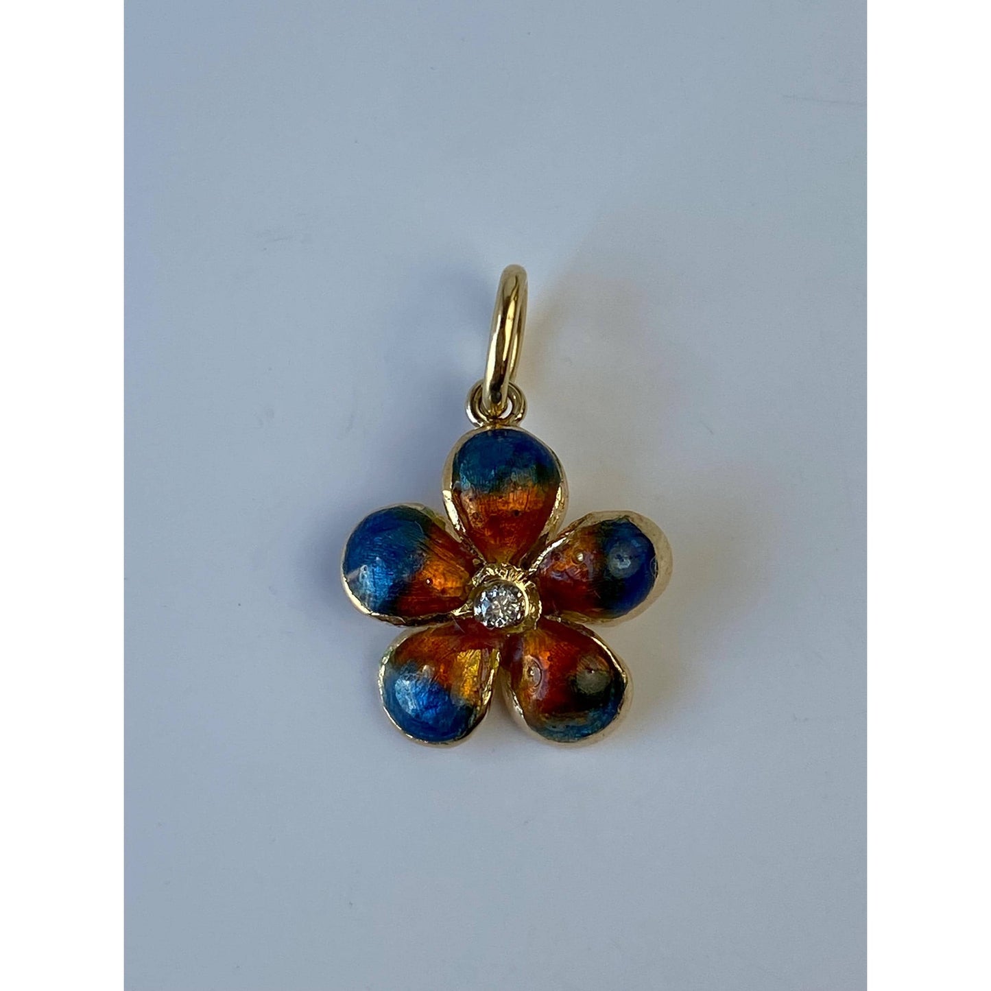 Vintage Solid 18k Yellow Gold Diamond Enamel Flower Charm