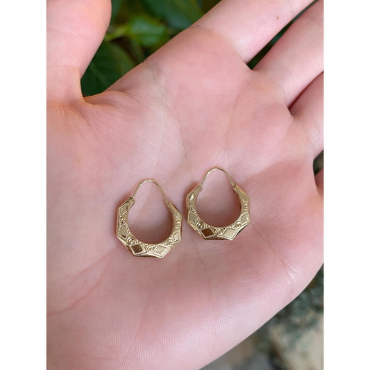 Vintage 14k Yellow Gold Pattern Hexagonal Hoop Earrings