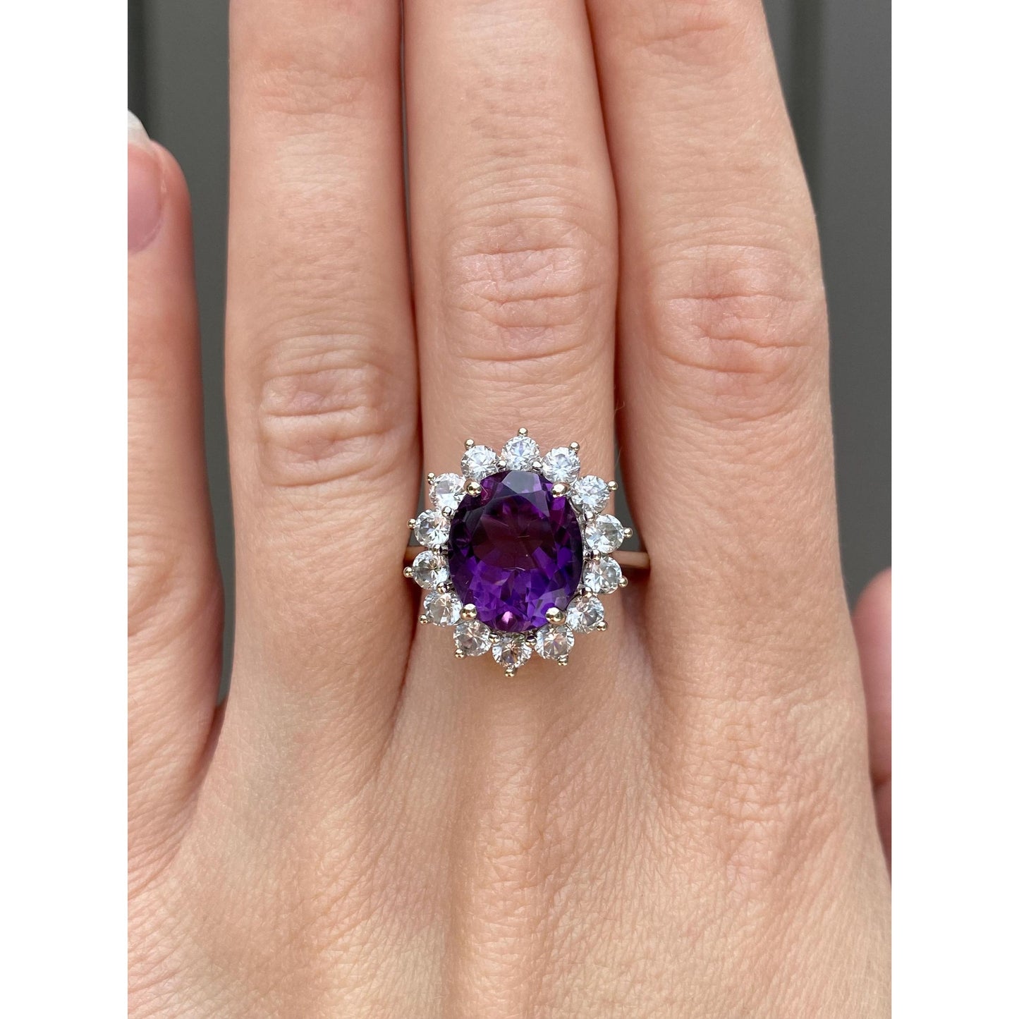 Vintage Solid 14k White Gold Clear Quartz Halo Amethyst Ring - Size 10