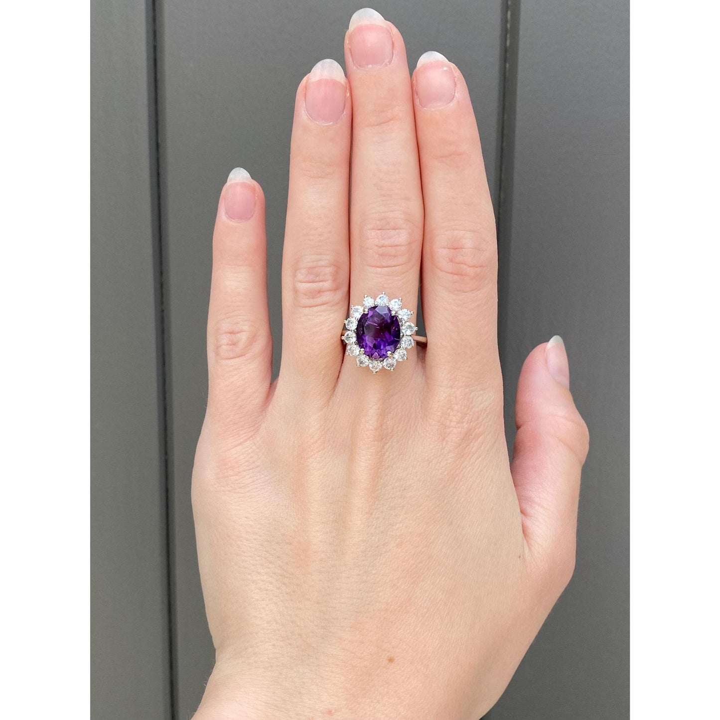 Vintage Solid 14k White Gold Clear Quartz Halo Amethyst Ring - Size 10