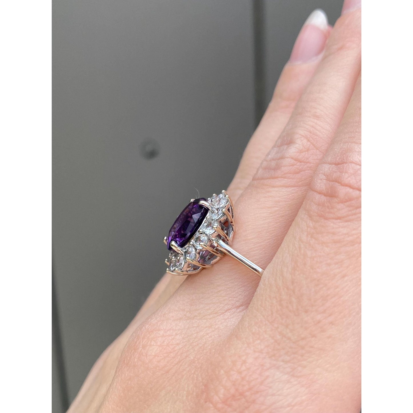 Vintage Solid 14k White Gold Clear Quartz Halo Amethyst Ring - Size 10