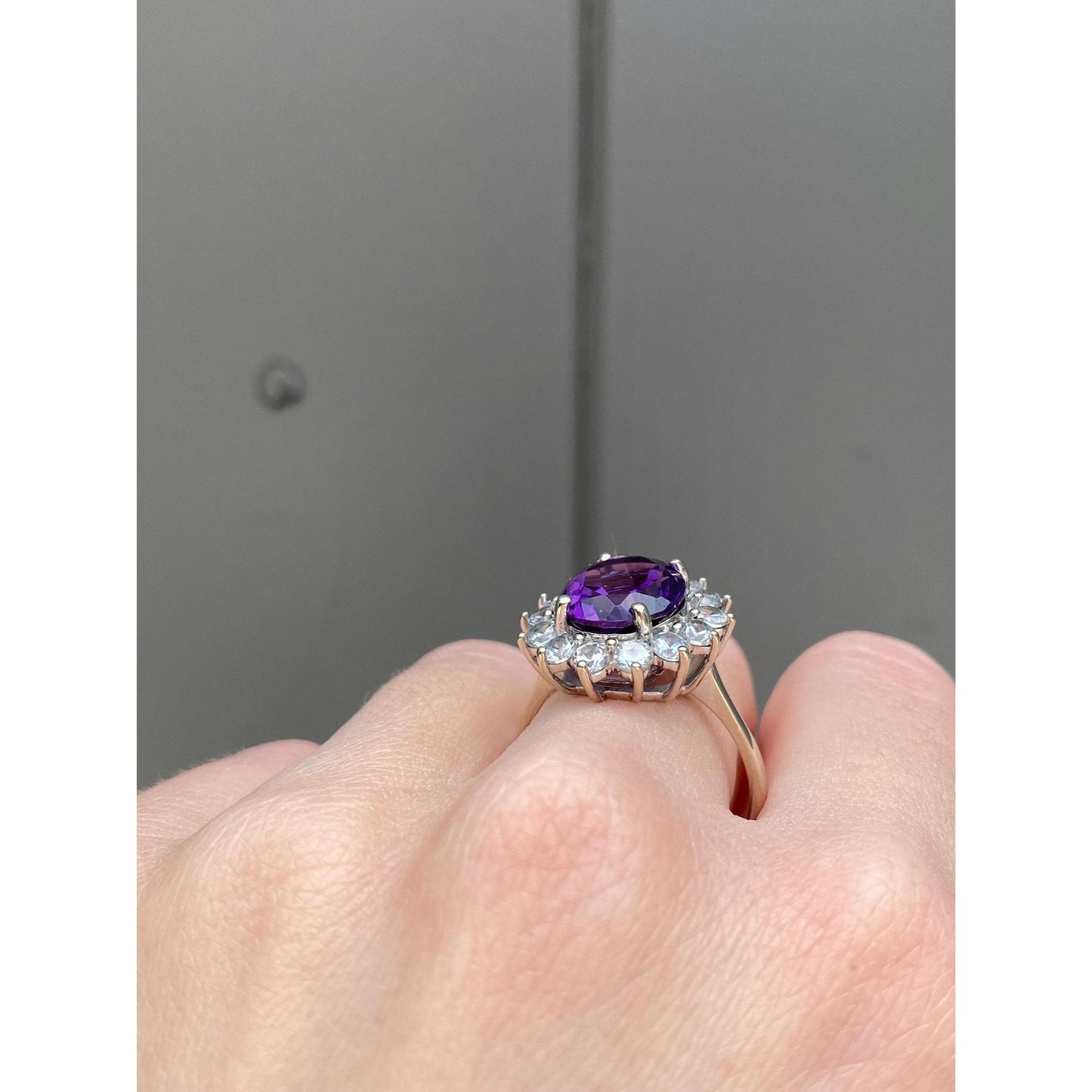 Vintage Solid 14k White Gold Clear Quartz Halo Amethyst Ring - Size 10