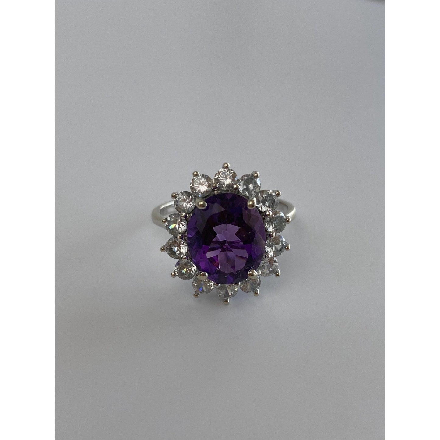 Vintage Solid 14k White Gold Clear Quartz Halo Amethyst Ring - Size 10
