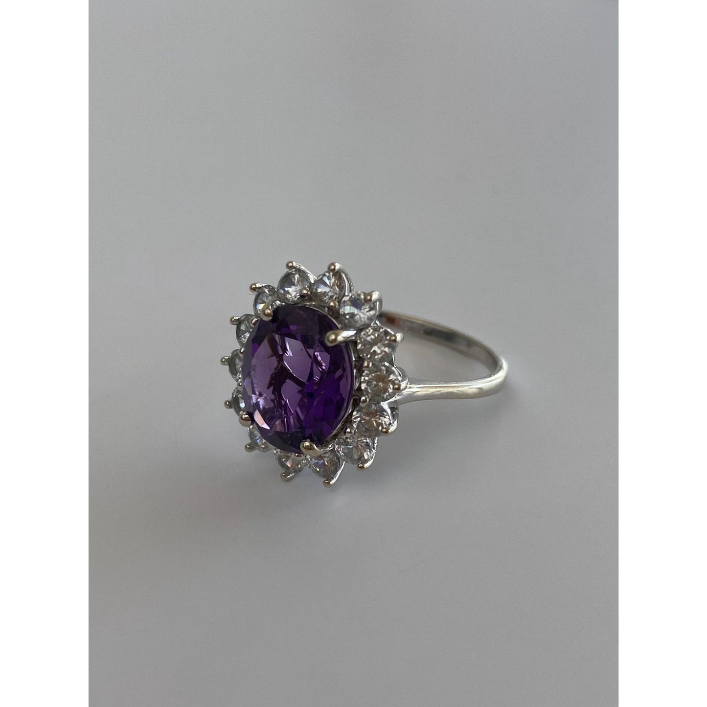 Vintage Solid 14k White Gold Clear Quartz Halo Amethyst Ring - Size 10