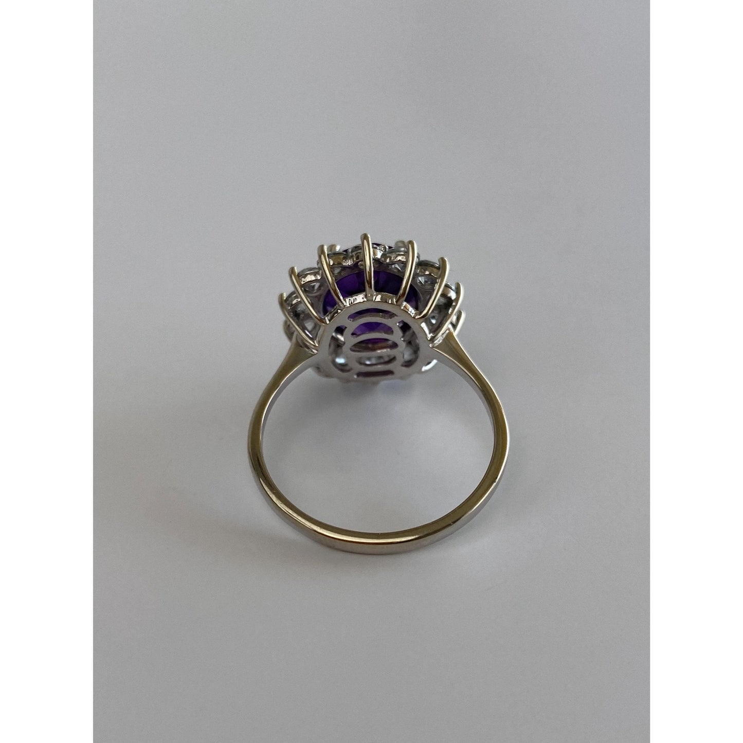 Vintage Solid 14k White Gold Clear Quartz Halo Amethyst Ring - Size 10