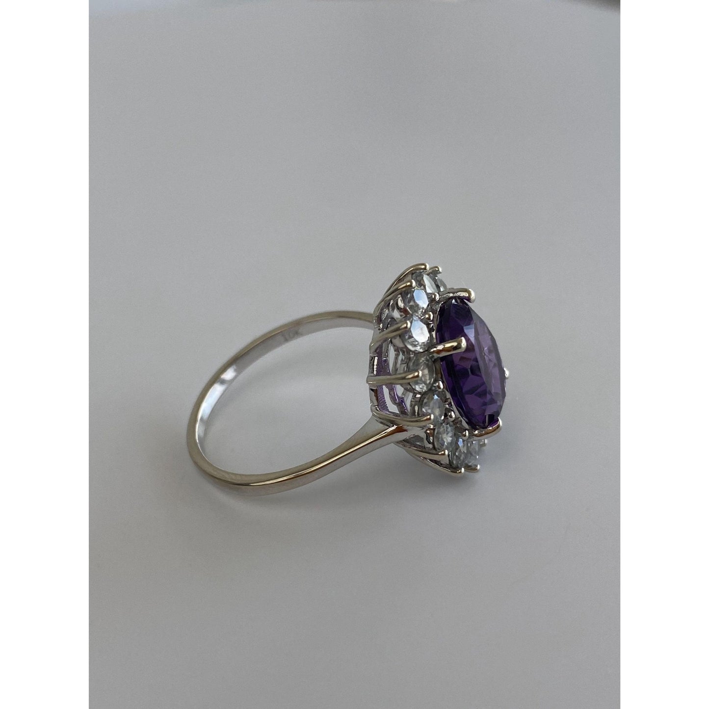 Vintage Solid 14k White Gold Clear Quartz Halo Amethyst Ring - Size 10