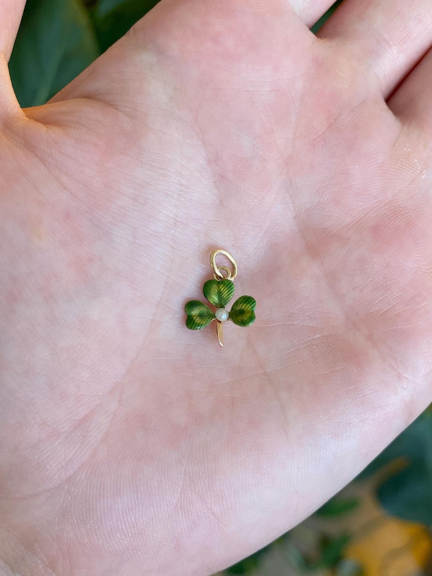 Vintage Solid 12k Yellow Gold Enamel Pearl Clover Charm