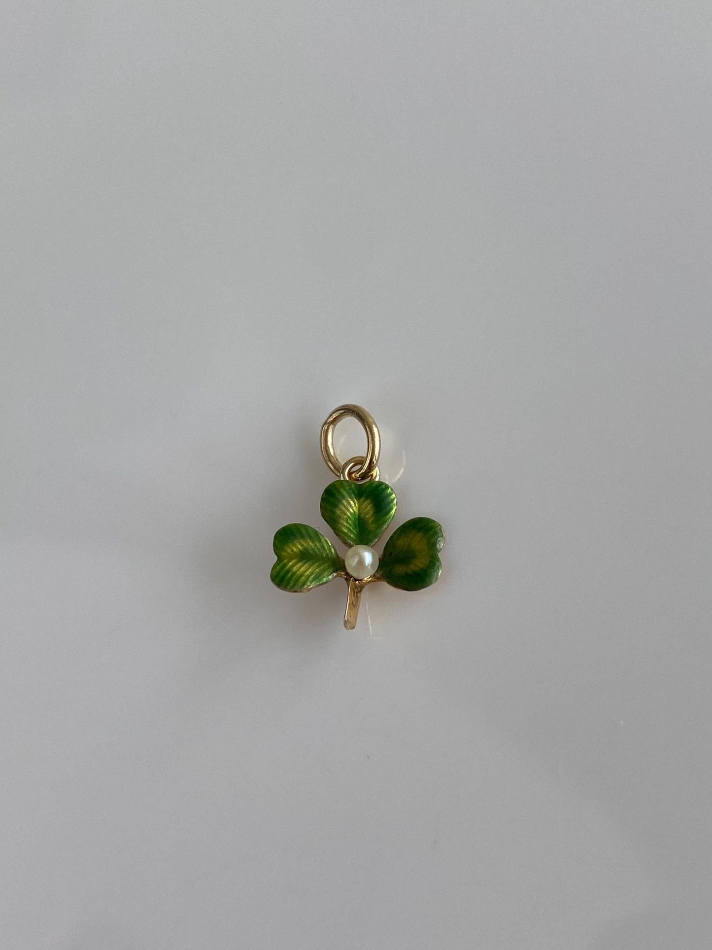 Vintage Solid 12k Yellow Gold Enamel Pearl Clover Charm