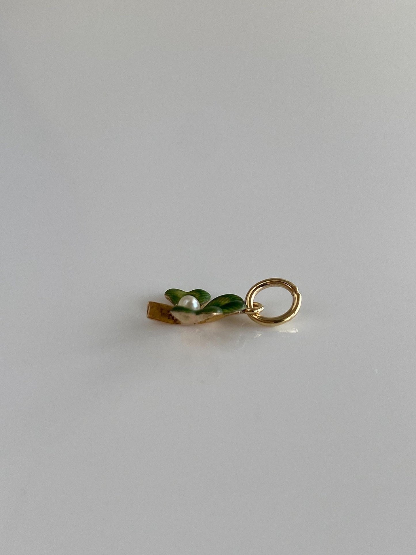 Vintage Solid 12k Yellow Gold Enamel Pearl Clover Charm